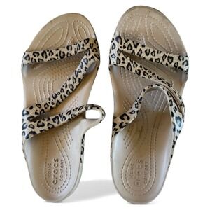 Crocs Womens Kadee Leopard Print Comfort Slide Sandals Tan Black Size 7